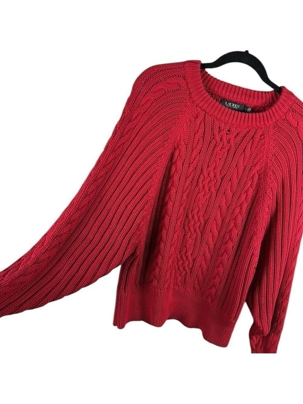 Lauren Ralph Lauren Black Label Red Cable Knit Dolman Sleeve Sweater Size L - Picture 4 of 8
